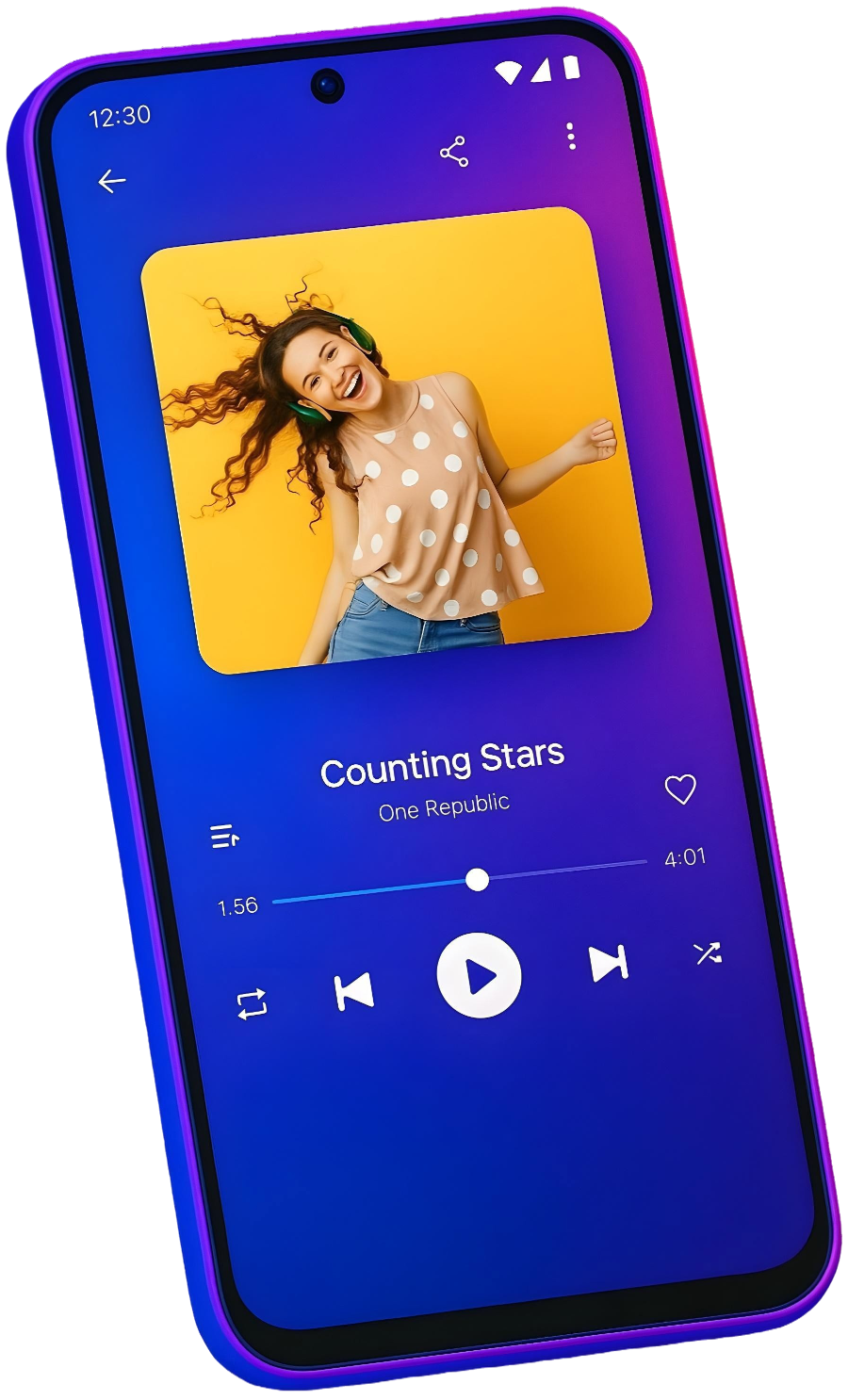 Audify Music Player on Android — Now Playing screen with album art, seek bar, shuffle and repeat controls